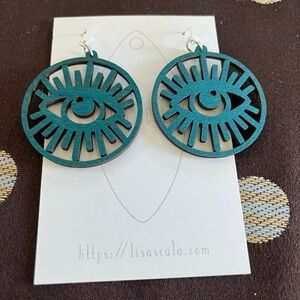 Symbolic spiritual all-seeing eye earrings, teal, balsam wood